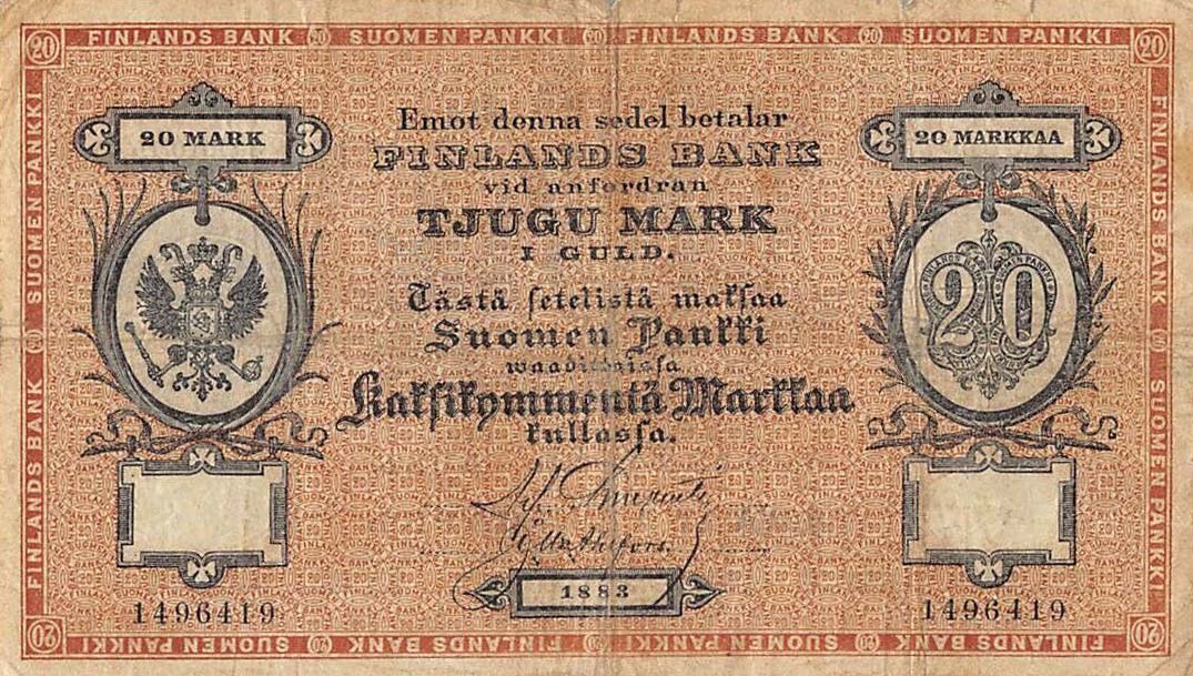 Front of Finland pA47b: 20 Markkaa from 1883