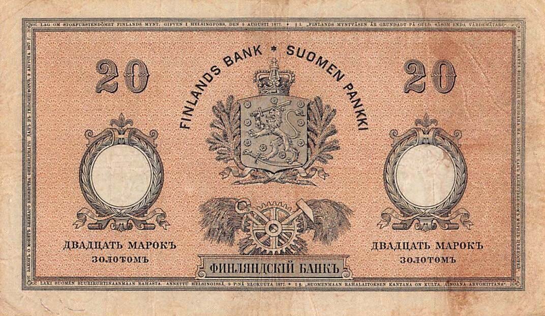 Back of Finland pA52c: 20 Markkaa from 1894