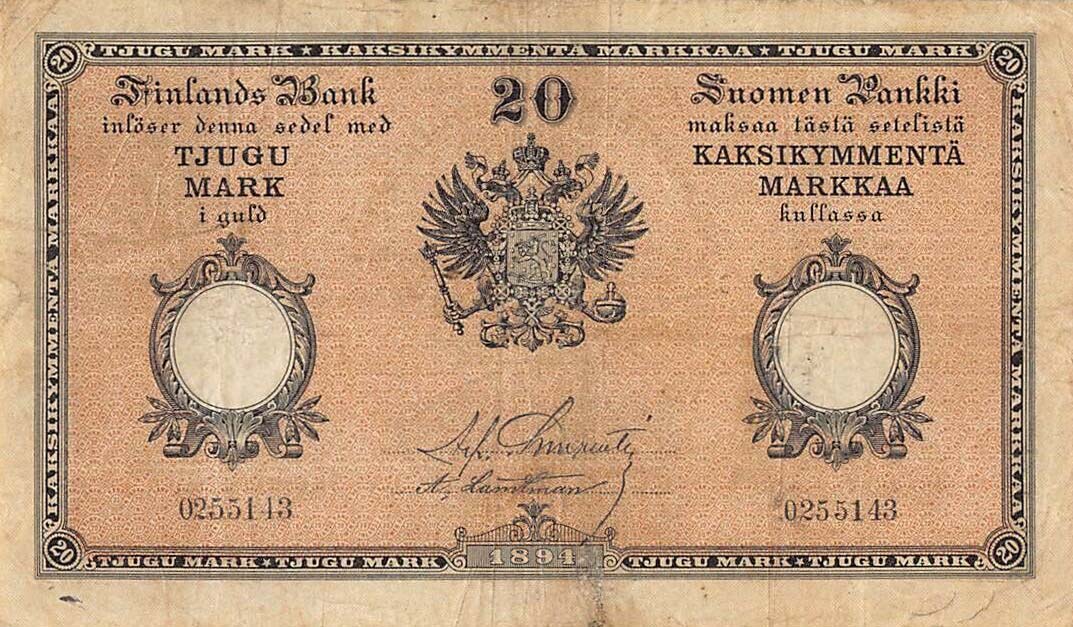 Front of Finland pA52c: 20 Markkaa from 1894