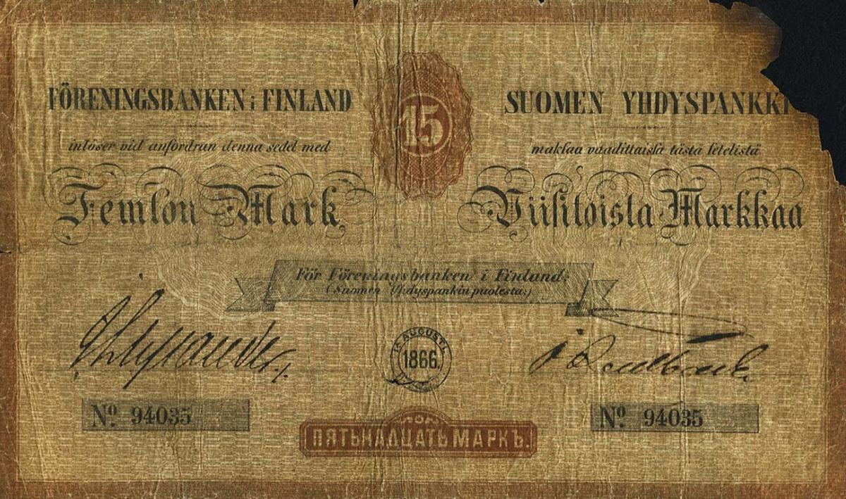 Front of Finland pS101: 15 Markka from 1866