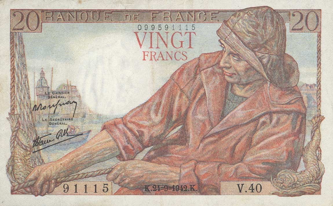 Front of France p100c: 20 Francs from 1948