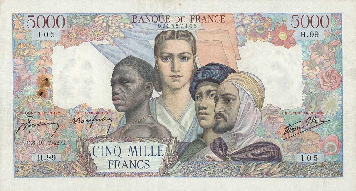 Front of France p103a: 5000 Francs from 1942