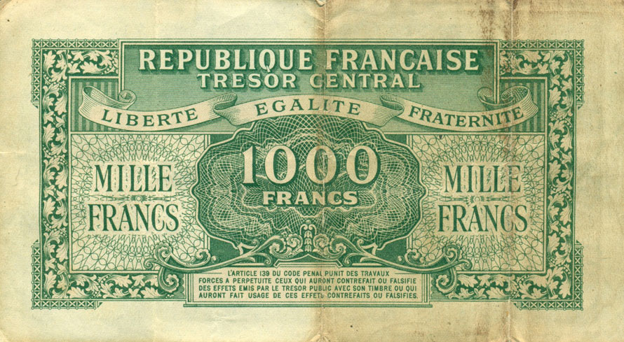 Back of France p107a: 1000 Francs from 1944