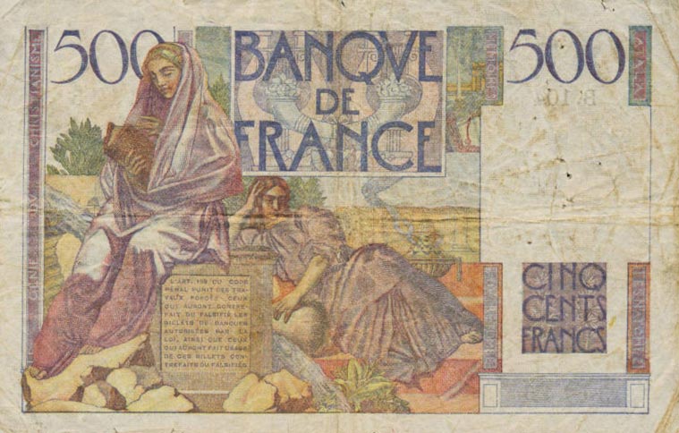 Back of France p129b: 500 Francs from 1948