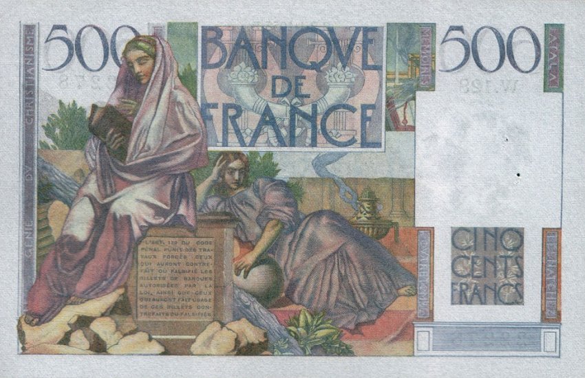 Back of France p129c: 500 Francs from 1952