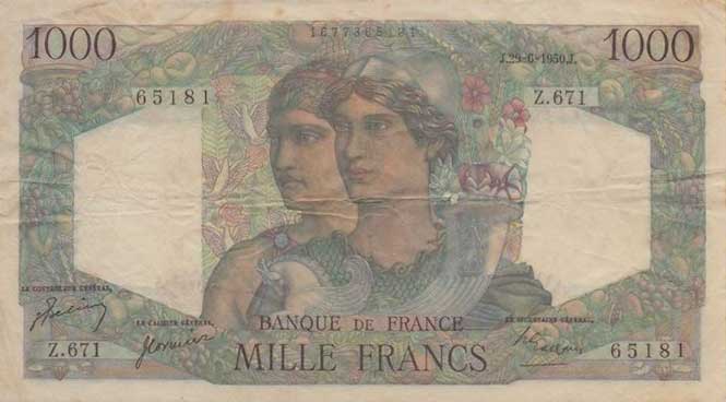 Front of France p130c: 1000 Francs from 1950