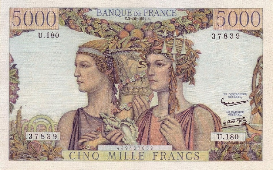 Front of France p131d: 5000 Francs from 1957