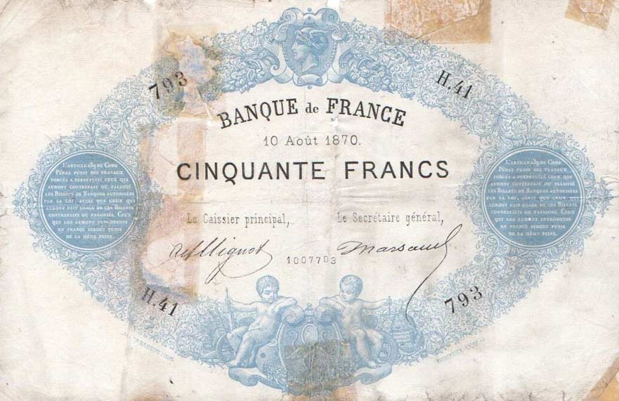 Front of France p51a: 50 Francs from 1868