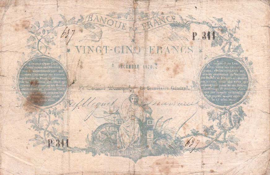 Front of France p56b: 25 Francs from 1870