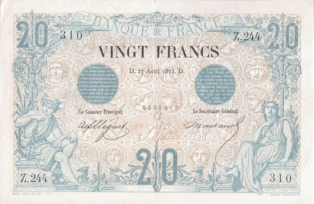 Front of France p61a: 20 Francs from 1874