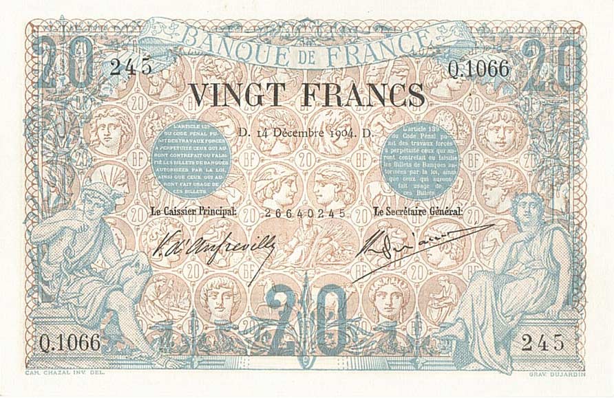 Front of France p61b: 20 Francs from 1904