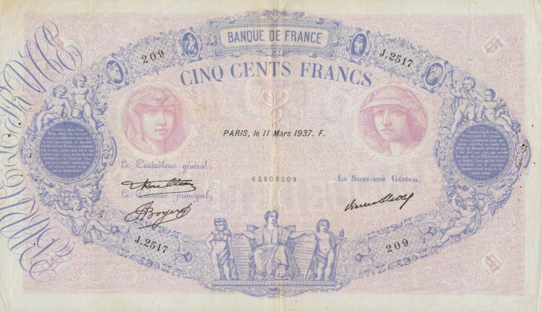 Front of France p66m: 500 Francs from 1933