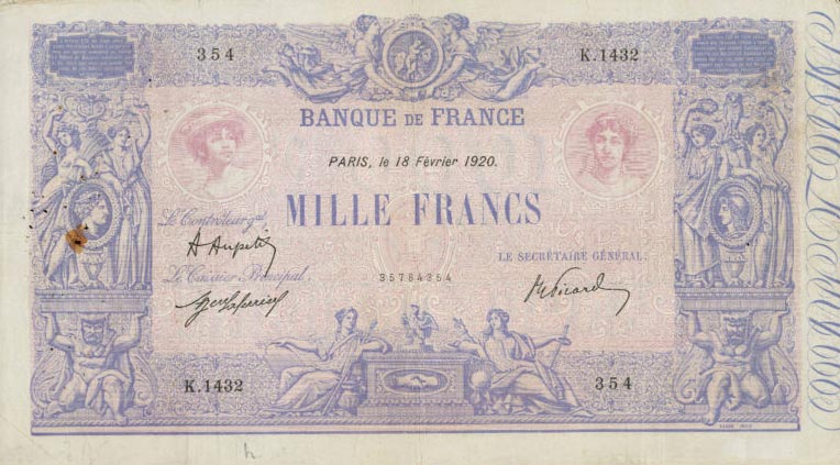 Front of France p67h: 1000 Francs from 1919