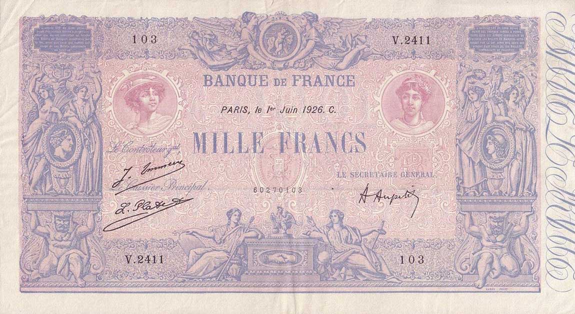 Front of France p67k: 1000 Francs from 1926