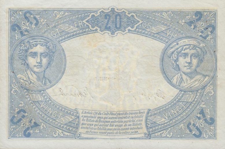 Back of France p68b: 20 Francs from 1912