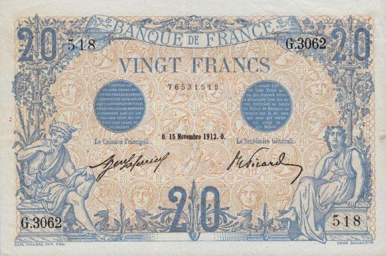 Front of France p68b: 20 Francs from 1912