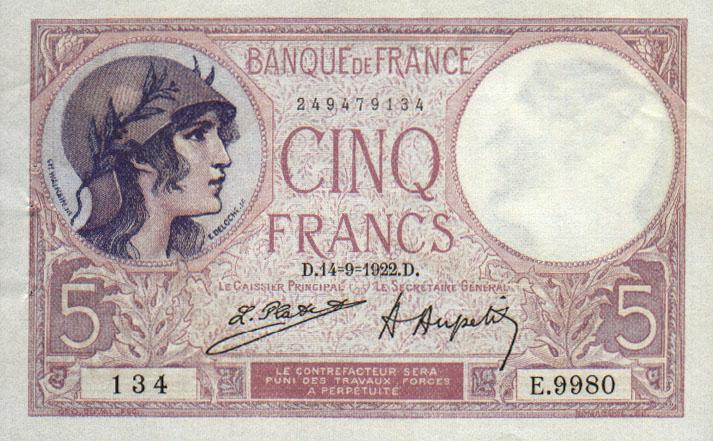 Front of France p72c: 5 Francs from 1922