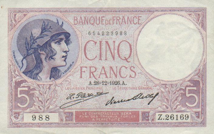 Front of France p72d: 5 Francs from 1926