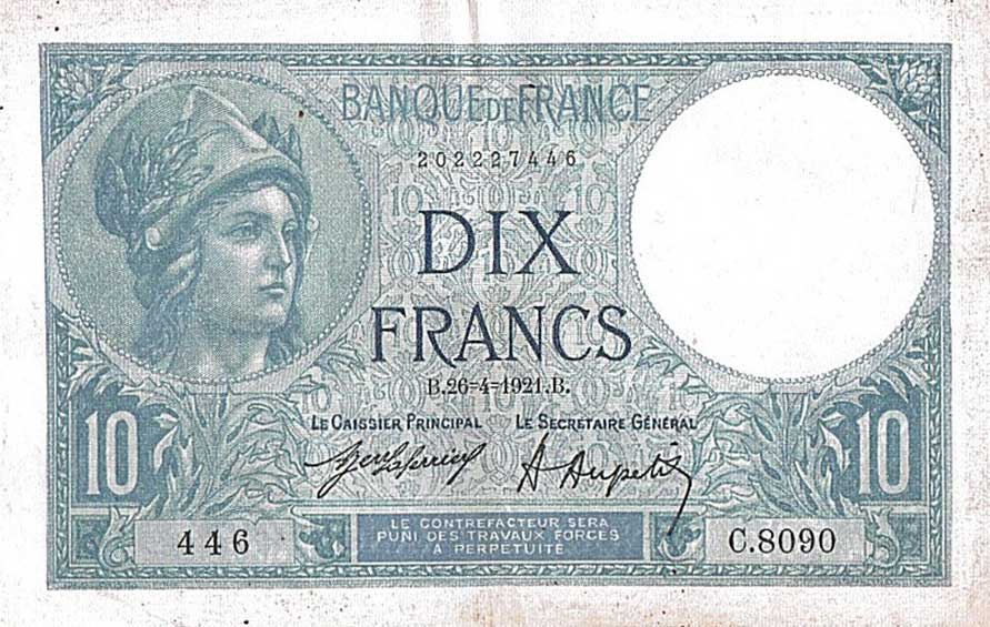 Front of France p73b: 10 Francs from 1920