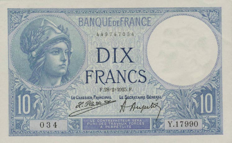 Front of France p73c: 10 Francs from 1922