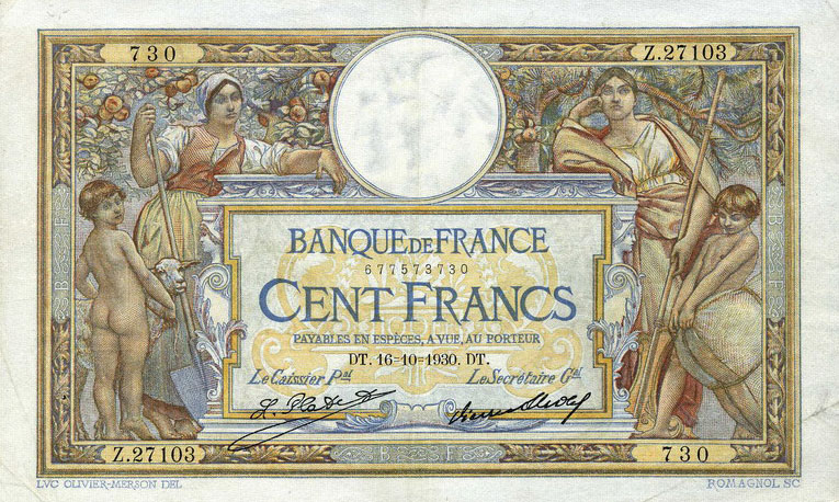 Front of France p78b: 100 Francs from 1926