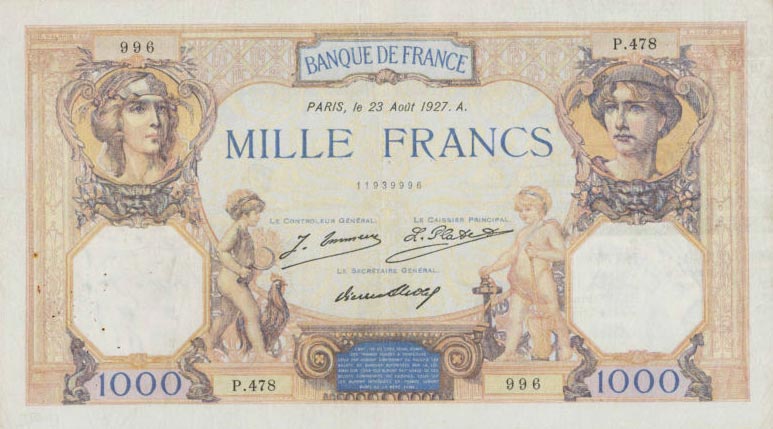 Front of France p79a: 1000 Francs from 1927