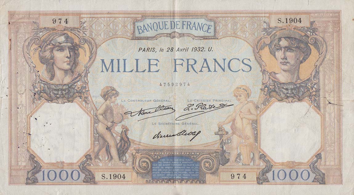 Front of France p79b: 1000 Francs from 1930