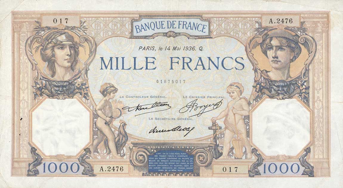 Front of France p79c: 1000 Francs from 1933