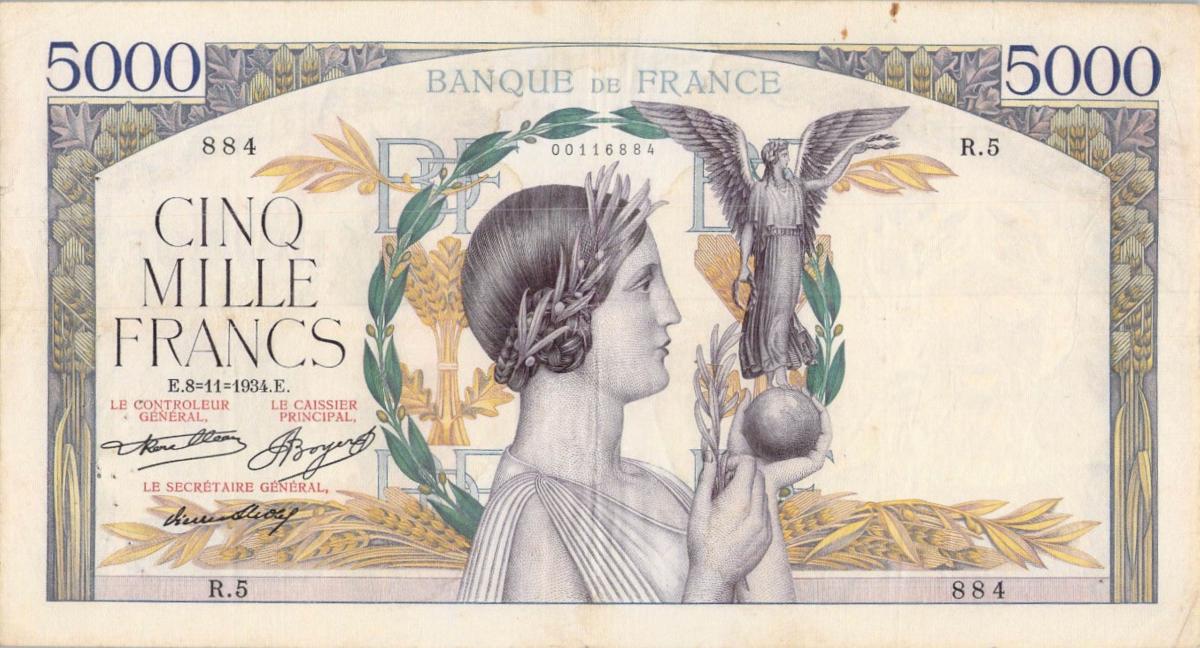 Front of France p82a: 5000 Francs from 1934