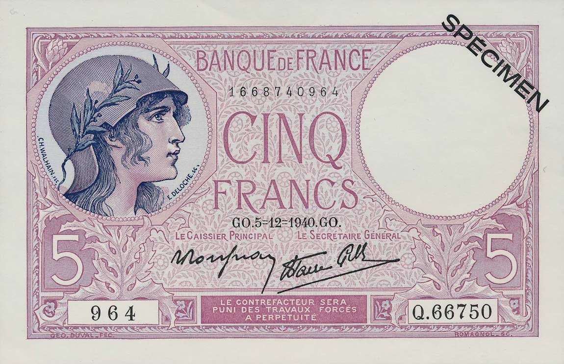 Front of France p83s: 5 Francs from 1939