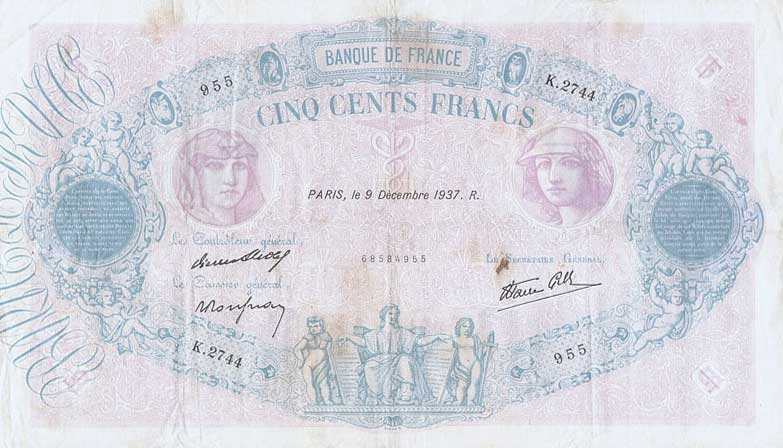 Front of France p88b: 500 Francs from 1937