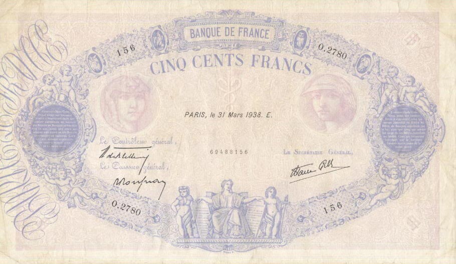 Front of France p88c: 500 Francs from 1938