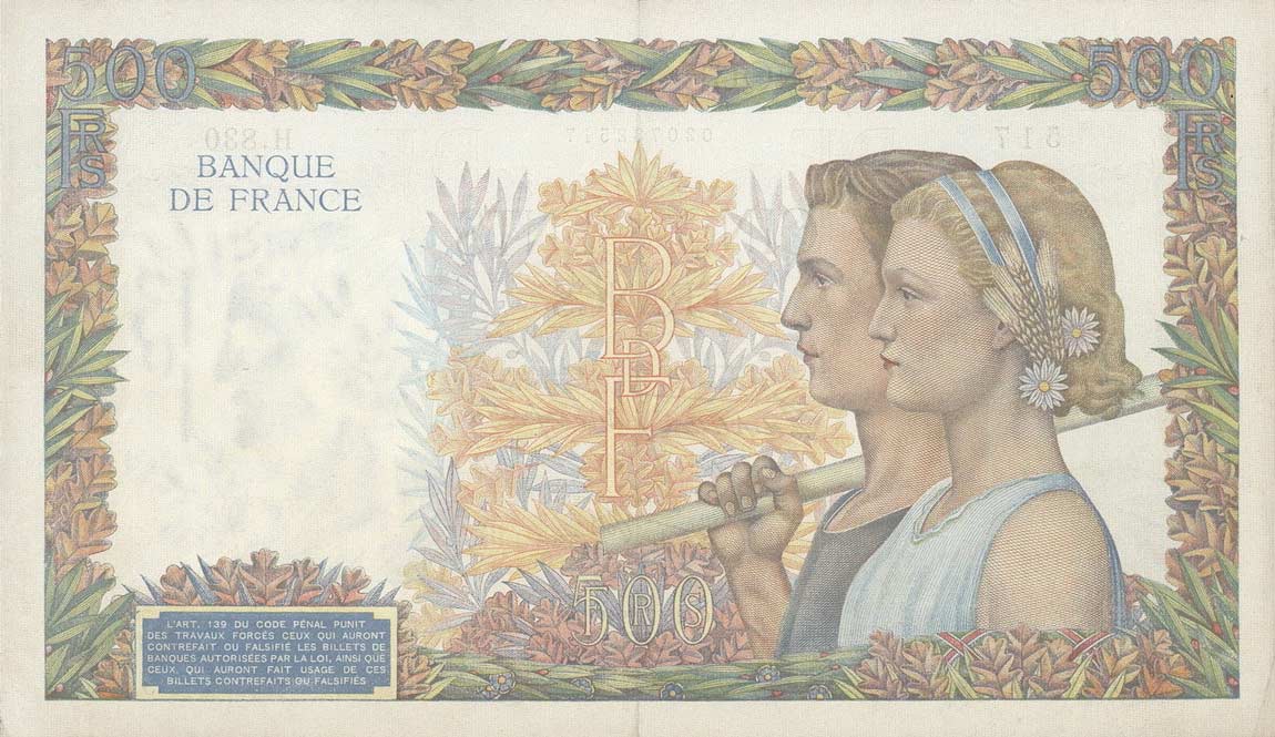 Back of France p95a: 500 Francs from 1940