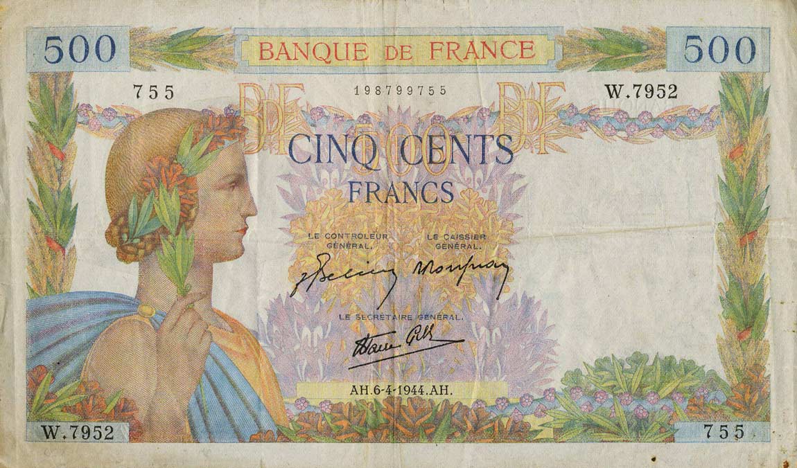 Front of France p95c: 500 Francs from 1944