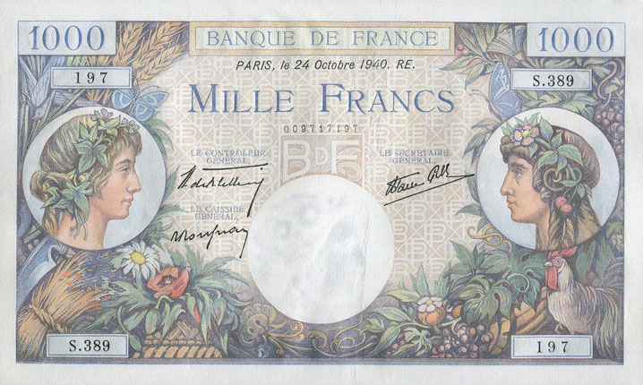 Front of France p96a: 1000 Francs from 1940