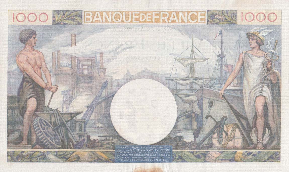 Back of France p96c: 1000 Francs from 1944