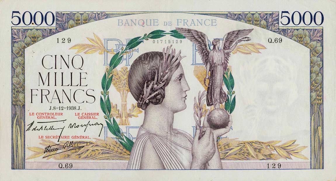 Front of France p97a: 5000 Francs from 1938