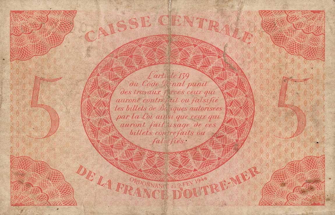 Back of French Equatorial Africa p15e: 5 Francs from 1944