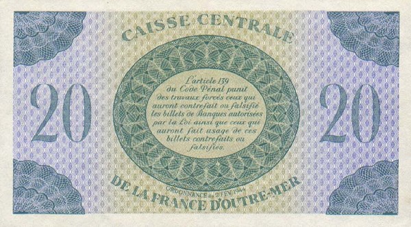 Back of French Equatorial Africa p17b: 20 Francs from 1944