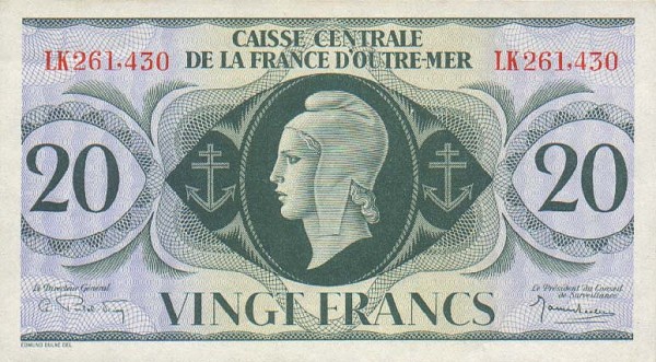 Front of French Equatorial Africa p17b: 20 Francs from 1944