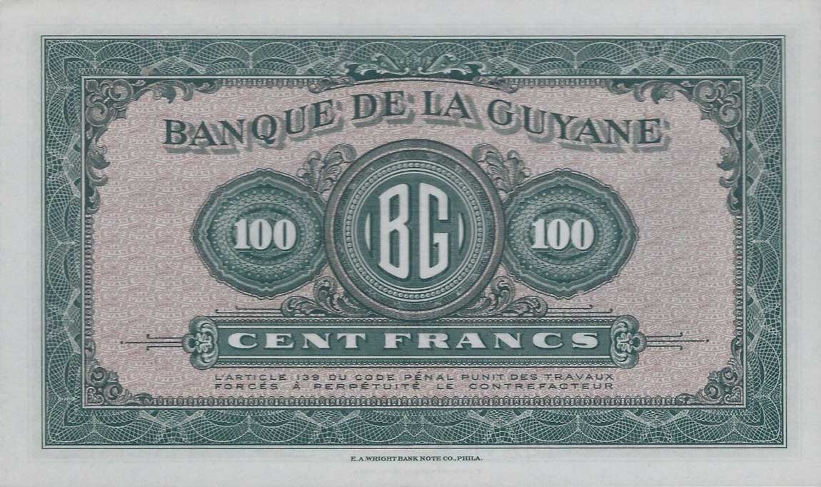 Back of French Guiana p13s: 100 Francs from 1942