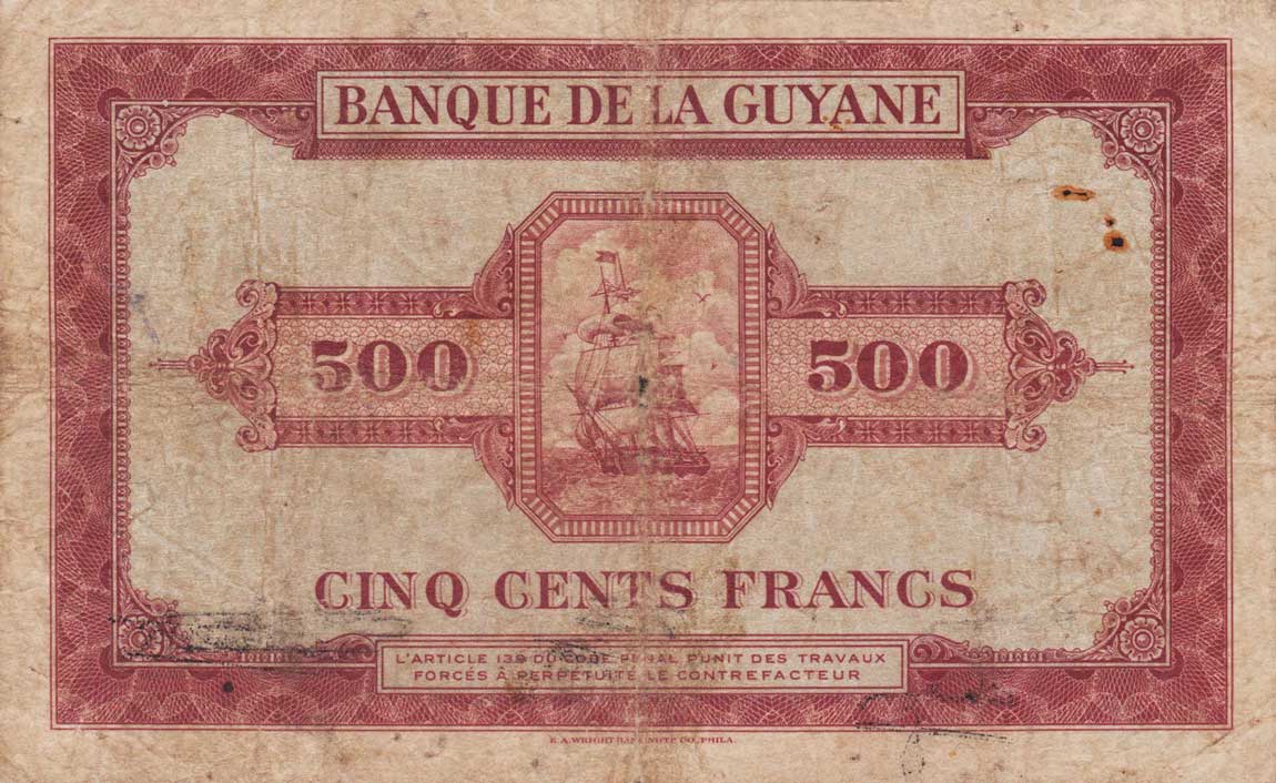 Back of French Guiana p14b: 500 Francs from 1942