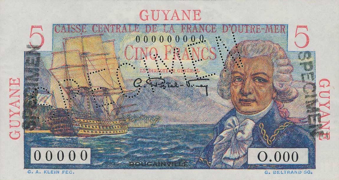 Front of French Guiana p19s: 5 Francs from 1947