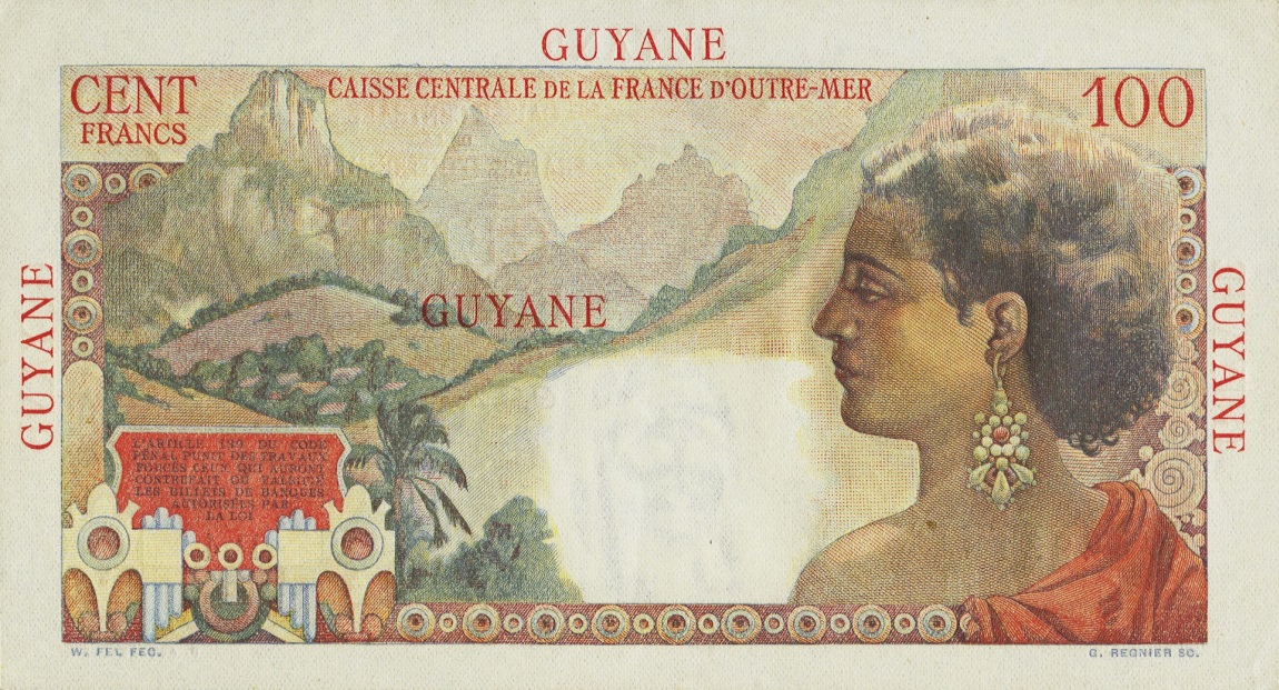 Back of French Guiana p23a: 100 Francs from 1947