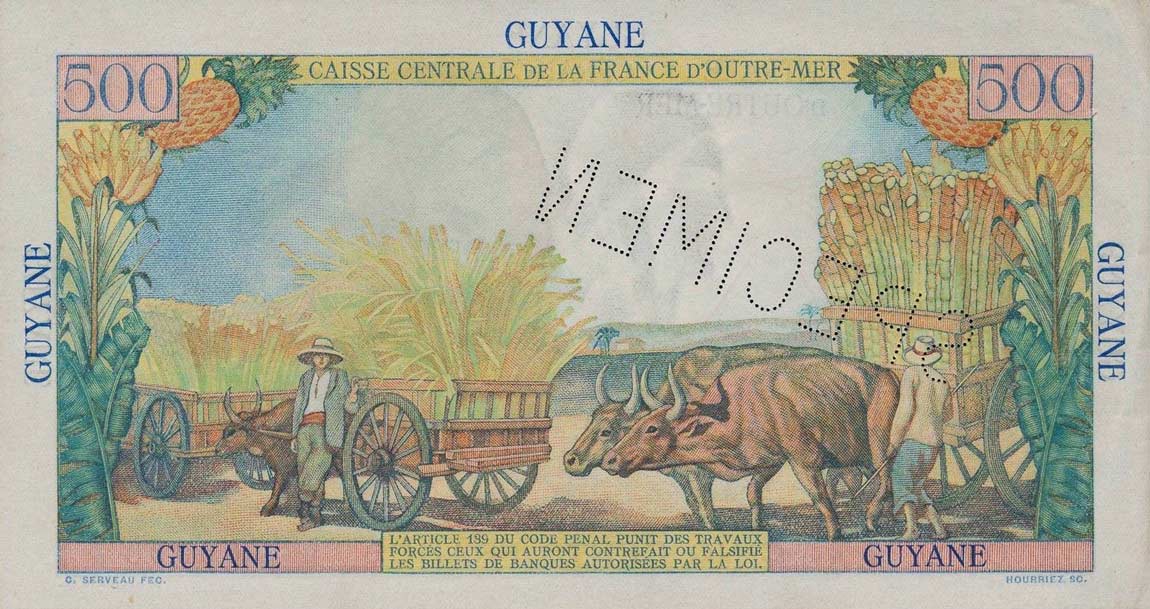 Back of French Guiana p24s: 500 Francs from 1947