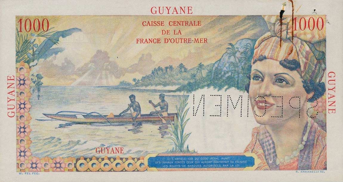Back of French Guiana p25s: 1000 Francs from 1947