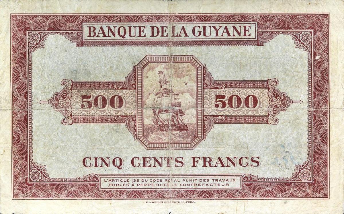 Back of French Guiana p14a: 500 Francs from 1942