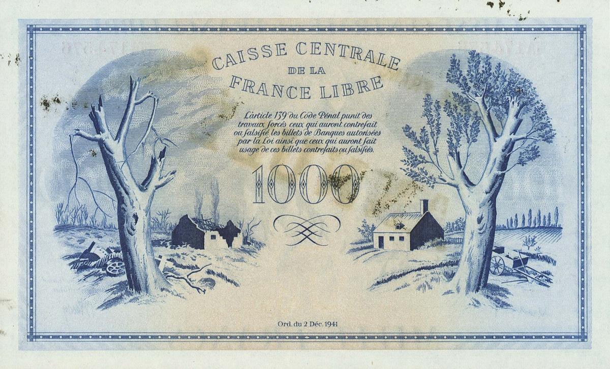 Back of French Guiana p16A: 1000 Francs from 1941