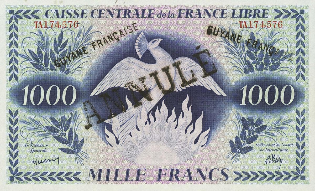 Front of French Guiana p16A: 1000 Francs from 1941