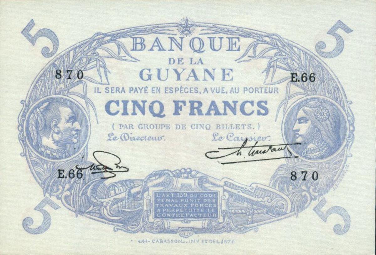 Front of French Guiana p1e: 5 Francs from 1947